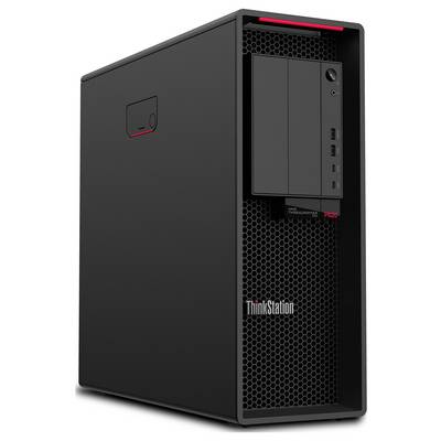 Ein schwarzer Computertower mit der Bezeichnung 'ThinkStation P620' verfügt über frontseitige USB-Anschlüsse und einen Einschaltknopf.