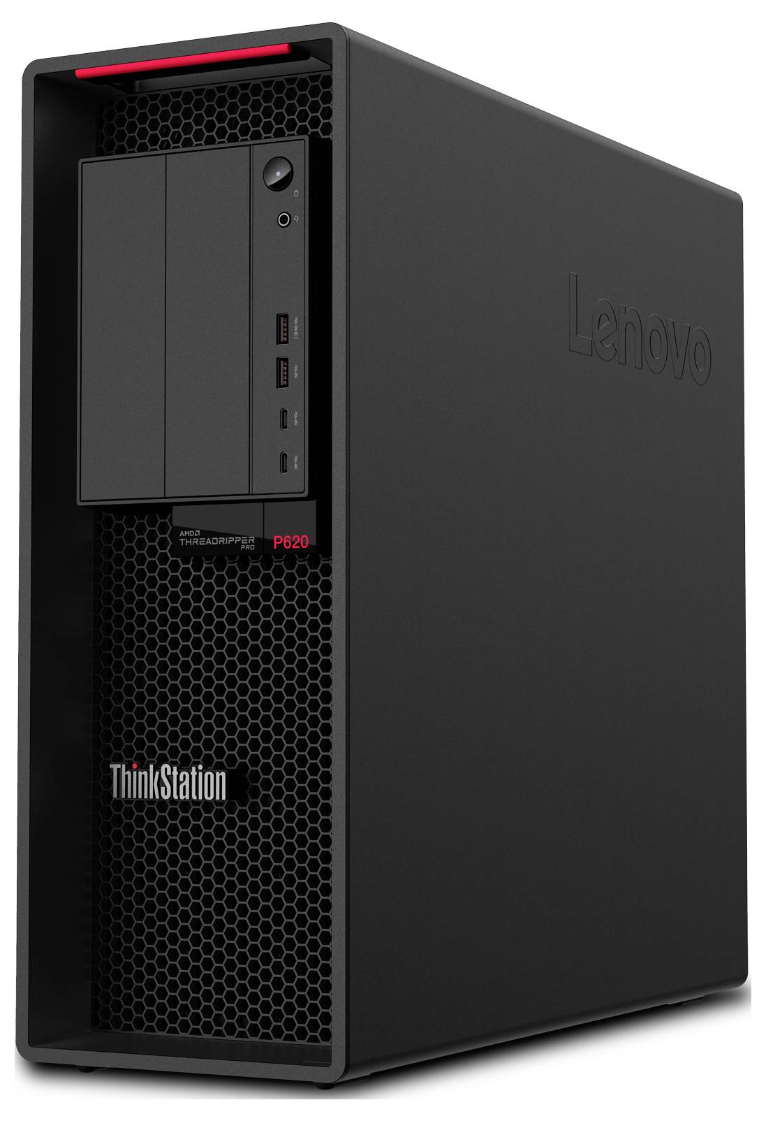 Ein Lenovo ThinkStation P620 Desktop-Computer in einem schwarzen Tower-Gehäuse, ausgestattet mit mehreren Frontanschlüssen und einem minimalistischen Design.