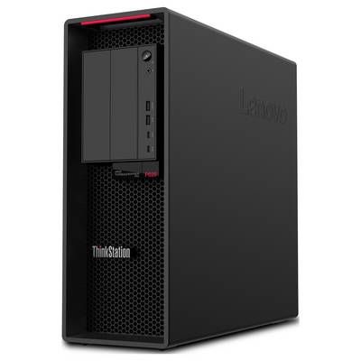 Ein Lenovo ThinkStation P620 Desktop-Computer in einem schwarzen Tower-Gehäuse, ausgestattet mit mehreren Frontanschlüssen und einem minimalistischen Design.