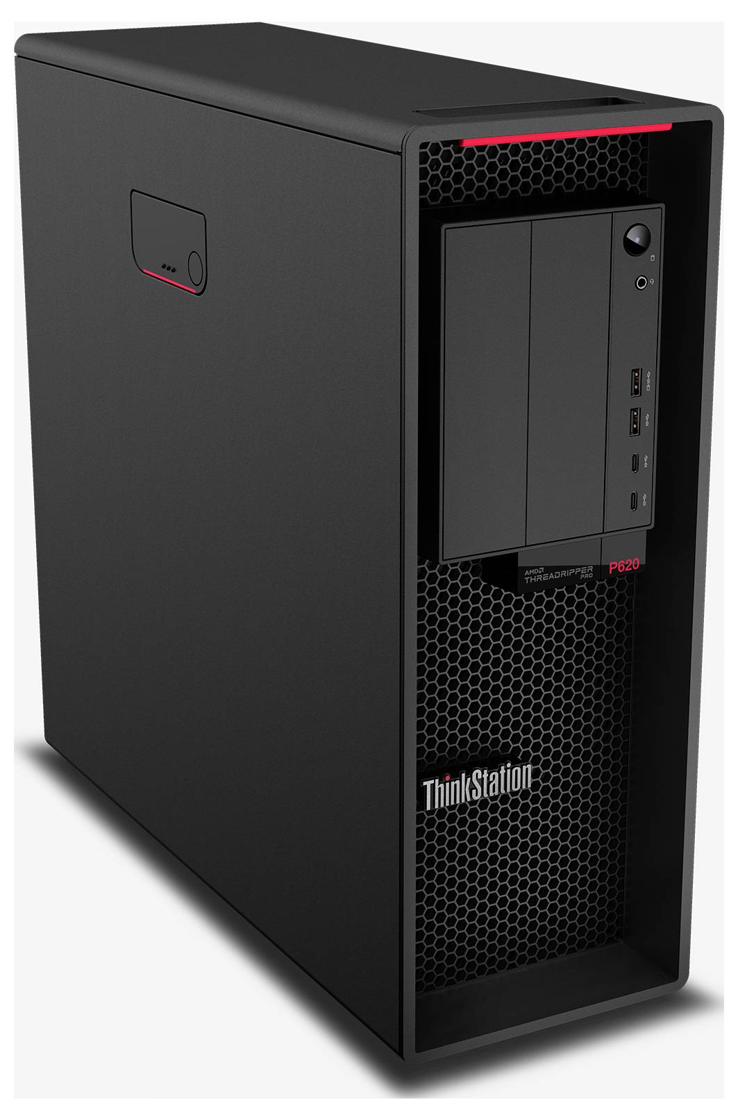 Ein schwarzer Lenovo ThinkStation-Desktopturm mit einem Frontgitter im Wabenmuster-Design, ausgestattet mit mehreren Anschlüssen und einem Powerknopf an der Seite.