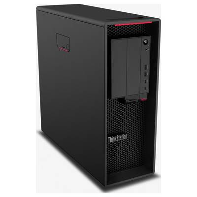Ein schwarzer Lenovo ThinkStation-Desktopturm mit einem Frontgitter im Wabenmuster-Design, ausgestattet mit mehreren Anschlüssen und einem Powerknopf an der Seite.