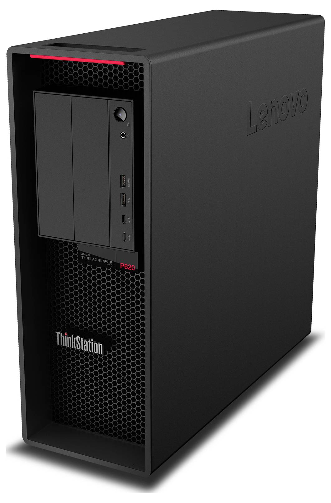Ein schwarzer Lenovo ThinkStation P320 Desktop-Tower mit vorderen Anschlüssen und Logo, auf der Seite stehend.