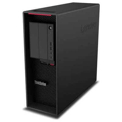 Ein schwarzer Lenovo ThinkStation P320 Desktop-Tower mit vorderen Anschlüssen und Logo, auf der Seite stehend.