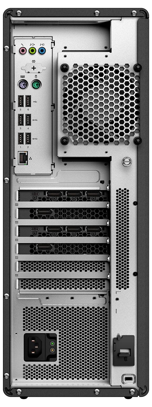 Das Bild zeigt die Rückansicht eines Desktop-Computergehäuses mit mehreren USB-Anschlüssen, Audiobuchen, Lüftungsöffnungen und einer Stromsteckdose.