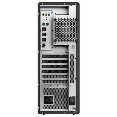 Das Bild zeigt die Rückansicht eines Desktop-Computergehäuses mit mehreren USB-Anschlüssen, Audiobuchen, Lüftungsöffnungen und einer Stromsteckdose.