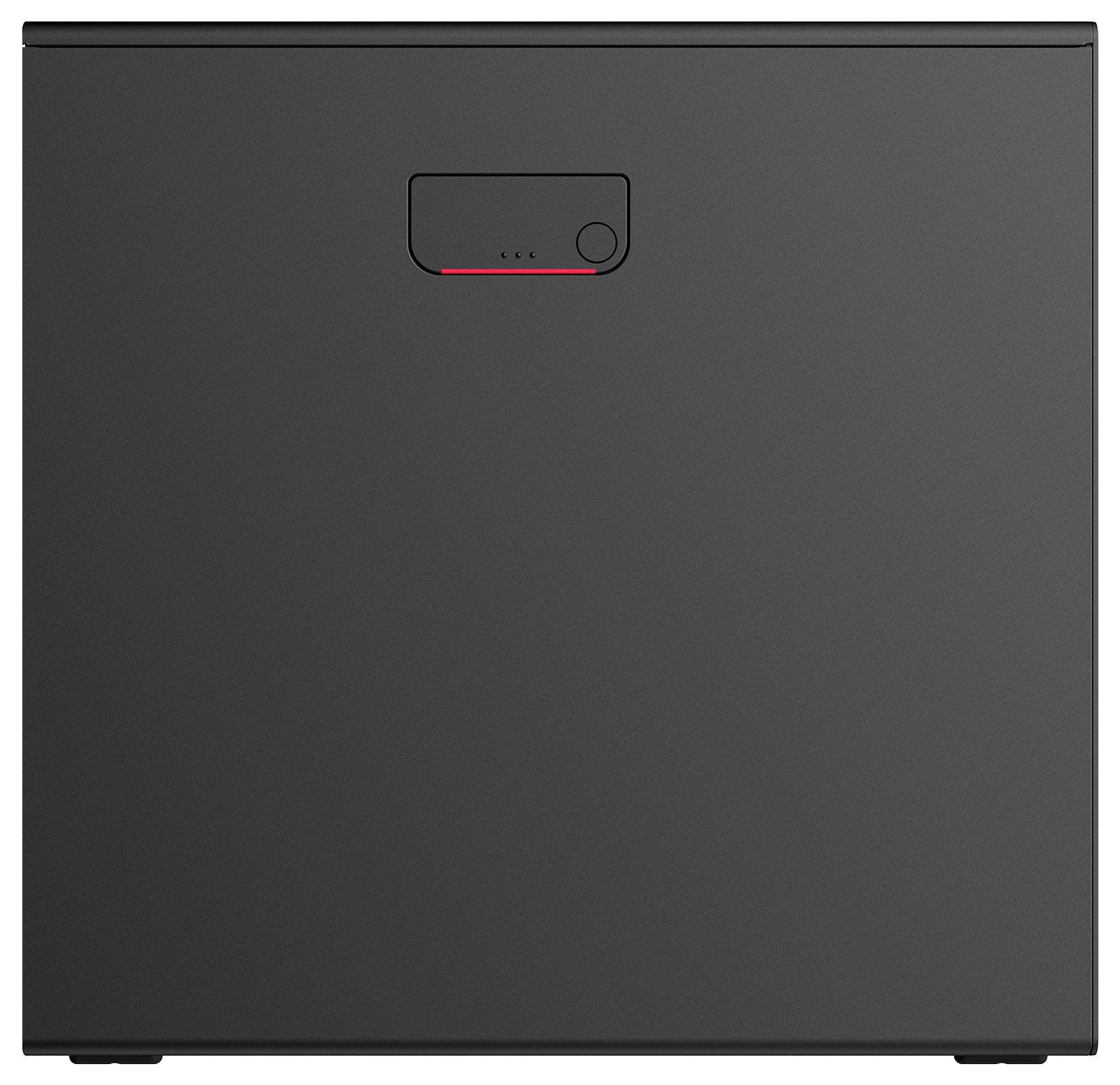 Ein schwarzes Serverrack mit einer kleinen rechteckigen Anzeigentafel, die drei Kontrollleuchten und einen Knopf zeigt, der Serverausrüstung hervorhebt.