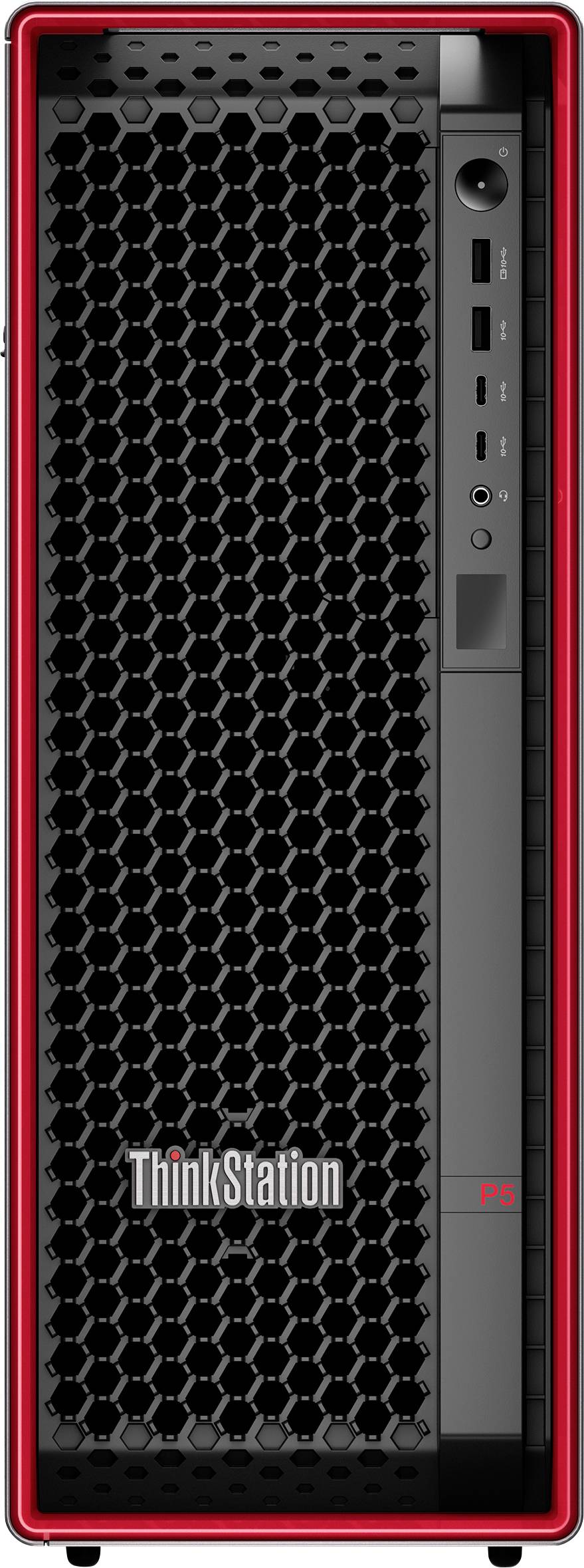 Frontansicht eines schwarzen Lenovo ThinkStation P5 Computer-Towers mit rotem Umriss, ausgestattet mit einem großen Lüftungsgitter im Sechseckdesign und verschiedenen Anschlüssen.