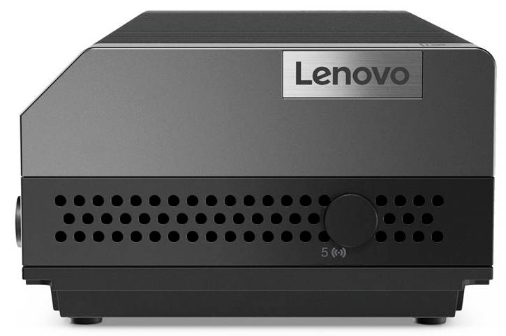 Ein schwarzer Lenovo-Projektor von vorne, mit Lüftungsschlitzen und einem Knopf an der Vorderseite.