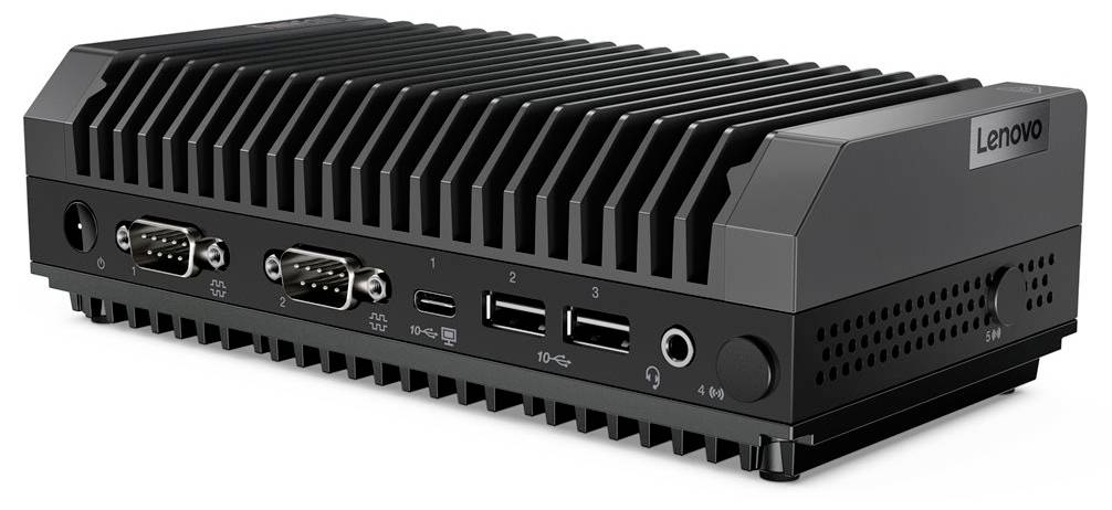 Ein kleiner, schwarzer Lenovo-Industrie-PC mit mehreren Anschlüssen, darunter USB und serielle Schnittstellen, seitliche Lüftungsschlitze.