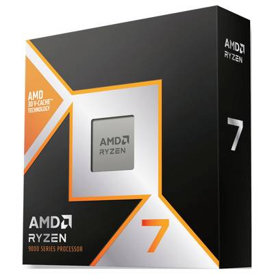 Eine Verpackung des AMD Ryzen 7 9000 Series Prozessors mit AMD 3D V-Cache Technologie, in Schwarz und Orange gestaltet.
