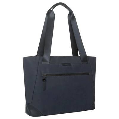 Eine dunkelblaue Tragetasche mit Reißverschluss vorne und zwei langen Henkeln. Sie wirkt geräumig und elegant.