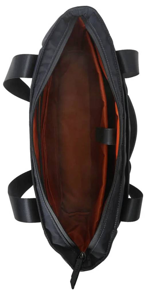 Schwarze Handtasche von oben gesehen, mit zwei Henkeln und einem offenen Reißverschluss, zeigt ein orangenes Innenfutter.