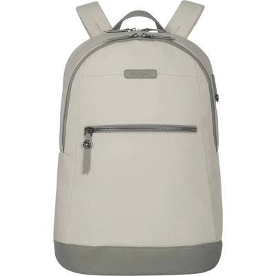 Ein heller Rucksack mit grauen Akzenten, Reißverschlusstaschen und verstellbaren Trägern. Geeignet für den täglichen Gebrauch.