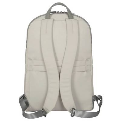 Ein beiger Rucksack mit zwei gepolsterten Schultergurten, einer Trageschlaufe oben und einem schlichten, modernen Design.