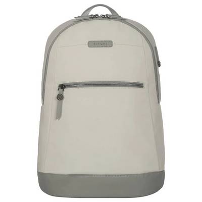 Ein cremefarbener Rucksack mit grauem Boden und Reißverschlüssen, ideal für den täglichen Gebrauch oder Reisen.