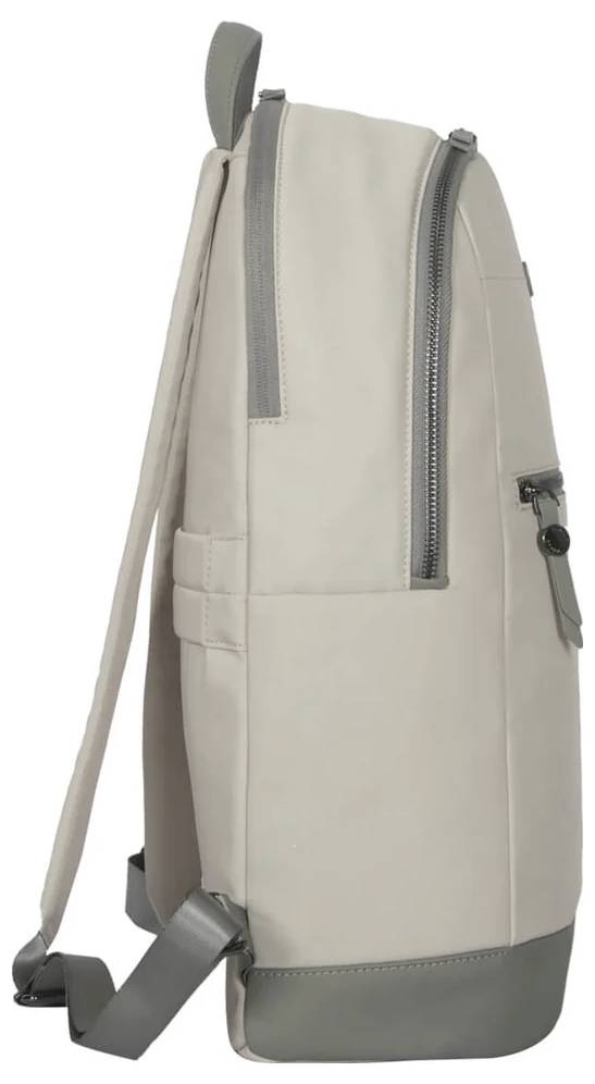 Ein grauer Rucksack aus seitlicher Ansicht, zeigt Reißverschluss und Gurte.