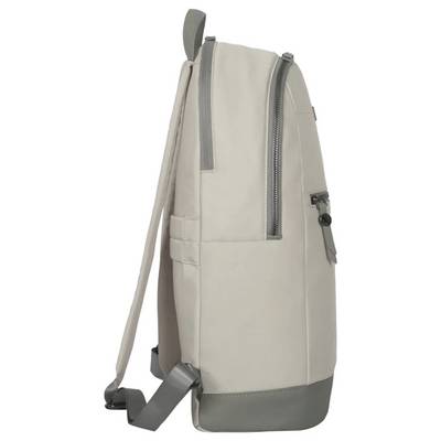 Ein grauer Rucksack aus seitlicher Ansicht, zeigt Reißverschluss und Gurte.