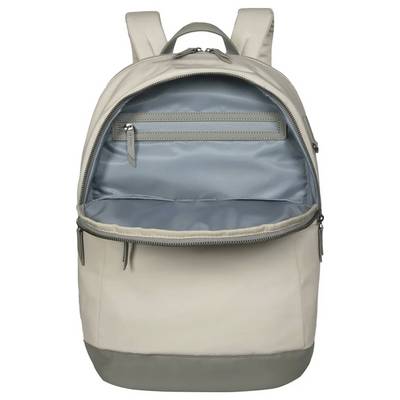Ein beigefarbener Rucksack mit geöffnetem Hauptfach und sichtbarer kleiner Innentasche.