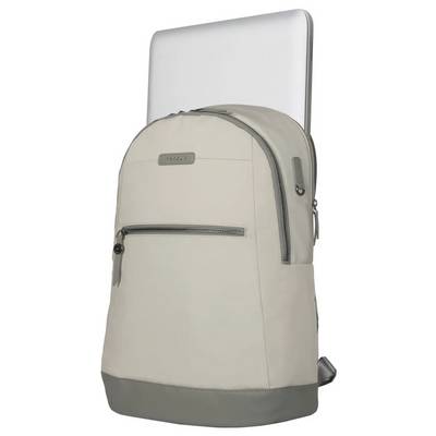 Ein beige Rucksack mit grauen Reißverschlüssen und einem Laptop, der aus der oberen Öffnung herausragt.