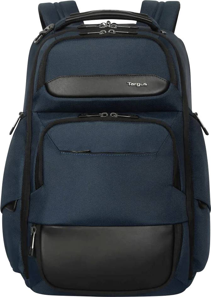 Dunkelblauer Rucksack mit mehreren Reißverschlussfächern und einem Markenlogo oben.