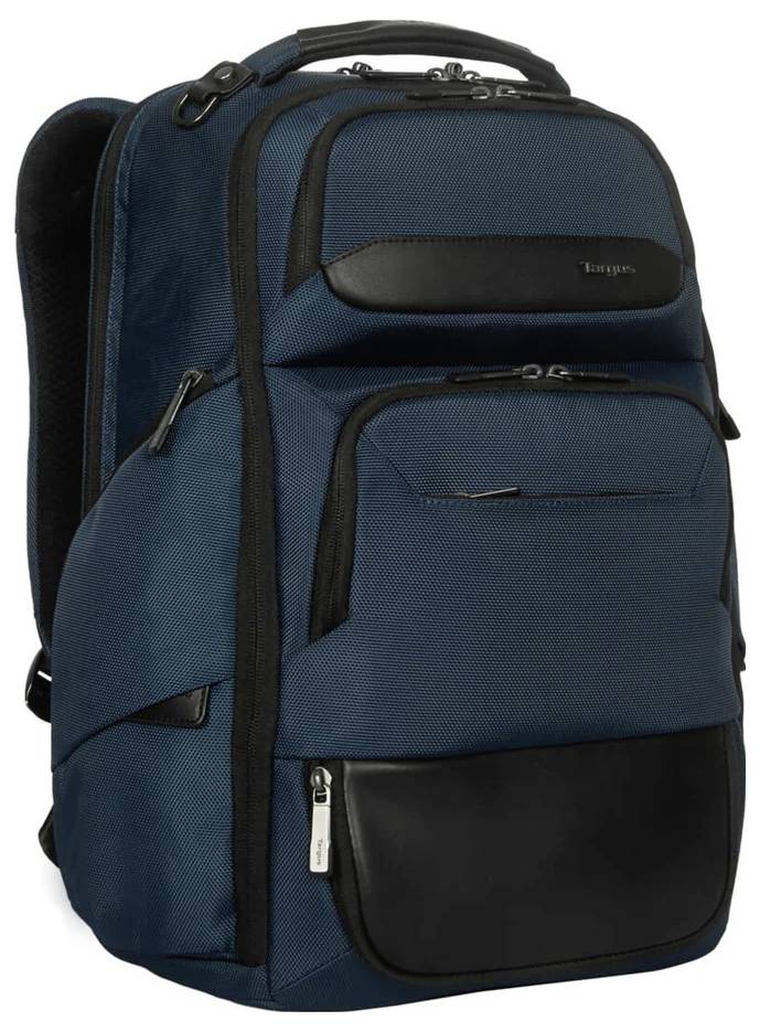 Dunkelblauer Rucksack mit mehreren Fächern und einem Tragegriff. Geeignet für Laptop und Alltagsgegenstände.