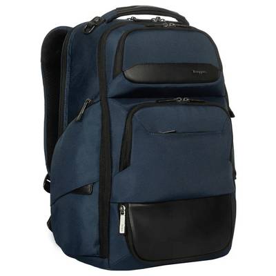 Dunkelblauer Rucksack mit mehreren Fächern und einem Tragegriff. Geeignet für Laptop und Alltagsgegenstände.
