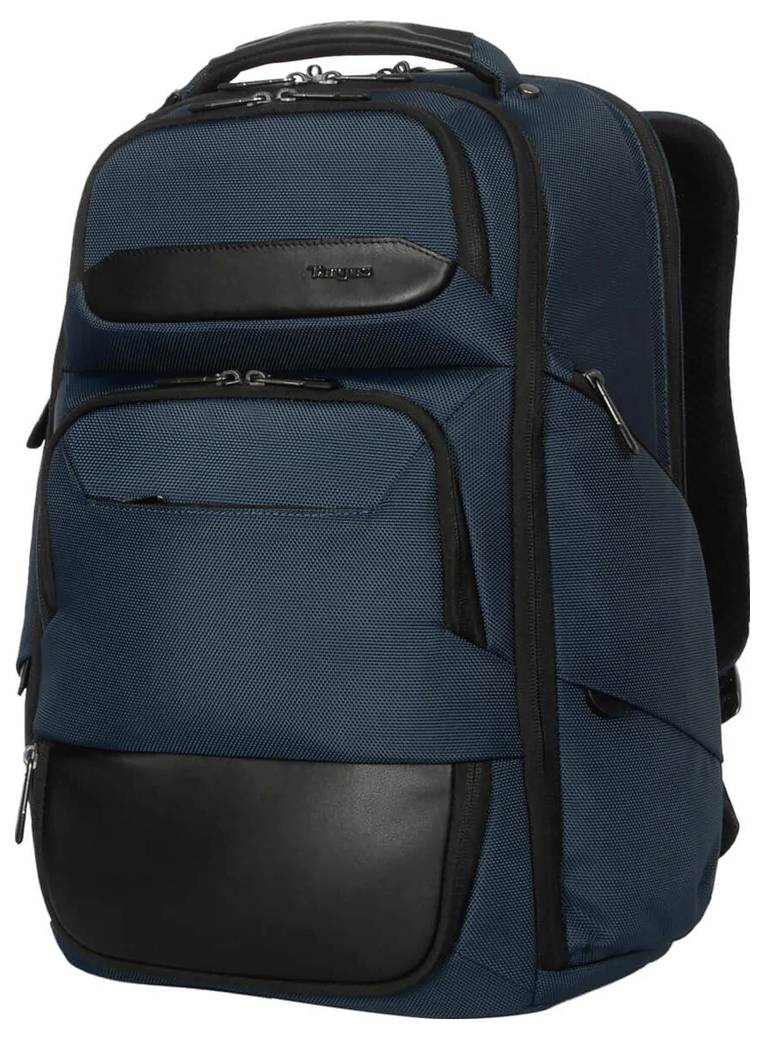 Ein großer, dunkelblauer Rucksack mit mehreren Fächern und schwarzem Lederakzent, geeignet für Reisen oder den täglichen Gebrauch.