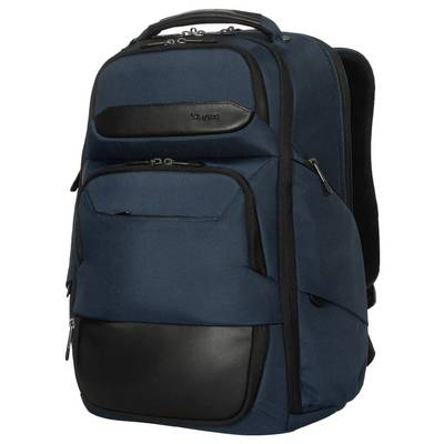 Ein großer, dunkelblauer Rucksack mit mehreren Fächern und schwarzem Lederakzent, geeignet für Reisen oder den täglichen Gebrauch.