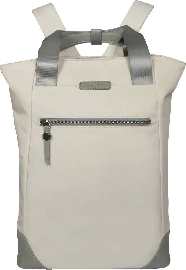 Beiger Rucksack mit grauen Trägern und einem Frontreißverschluss.