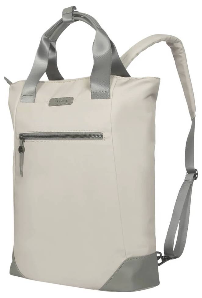 Ein cremefarbener Rucksack mit grauen Trägern und Reißverschluss vorne, geeignet für den täglichen Gebrauch.