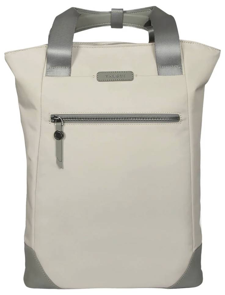 Beiger Rucksack mit grauen Trägern und Reißverschlusstasche vorne, minimalistisches Design, geeignet für den täglichen Gebrauch.