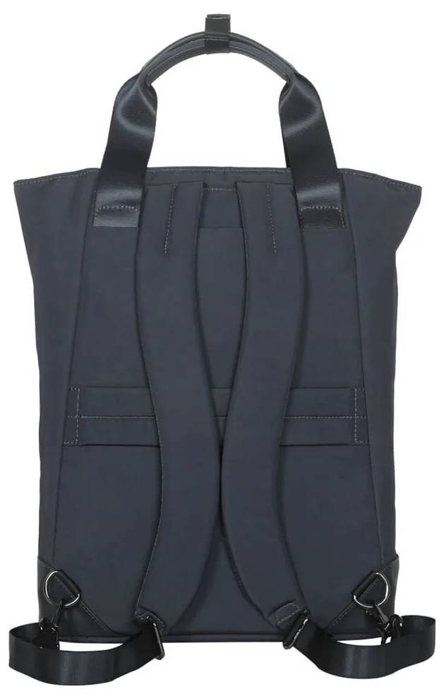 Schwarzer Rucksack von hinten, zeigt Schultergurte und oberen Tragegriff.