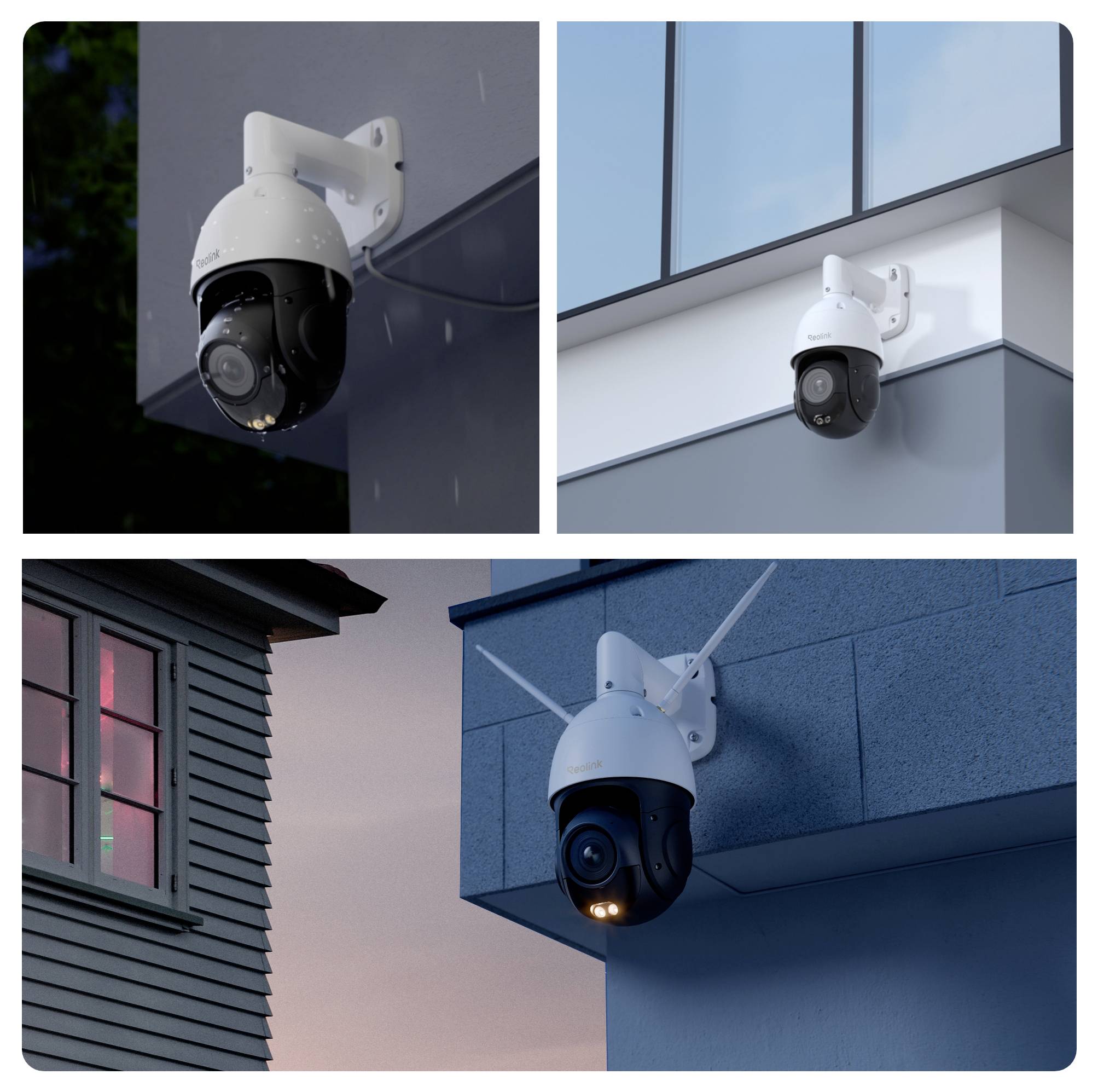 Drei Überwachungskameras, die an Gebäudeaußenwänden in verschiedenen Winkeln angebracht sind: wandmontierte und kuppelförmige Kameras zur Sicherheitsüberwachung.