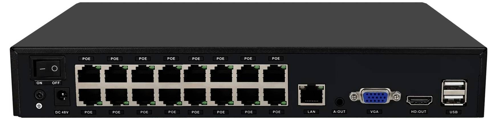 Ein Netzwerk-Switch mit 16 Ethernet-Ports, einem Stromschalter, LAN-Anschluss, VGA-Anschluss, HDMI-Ausgang und zwei USB-Anschlüssen.