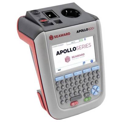 'Seaward Apollo 600+ Prüfgerät, zeigt einen Bildschirm mit Logo und Tastatur zur Erfassung von Daten.'