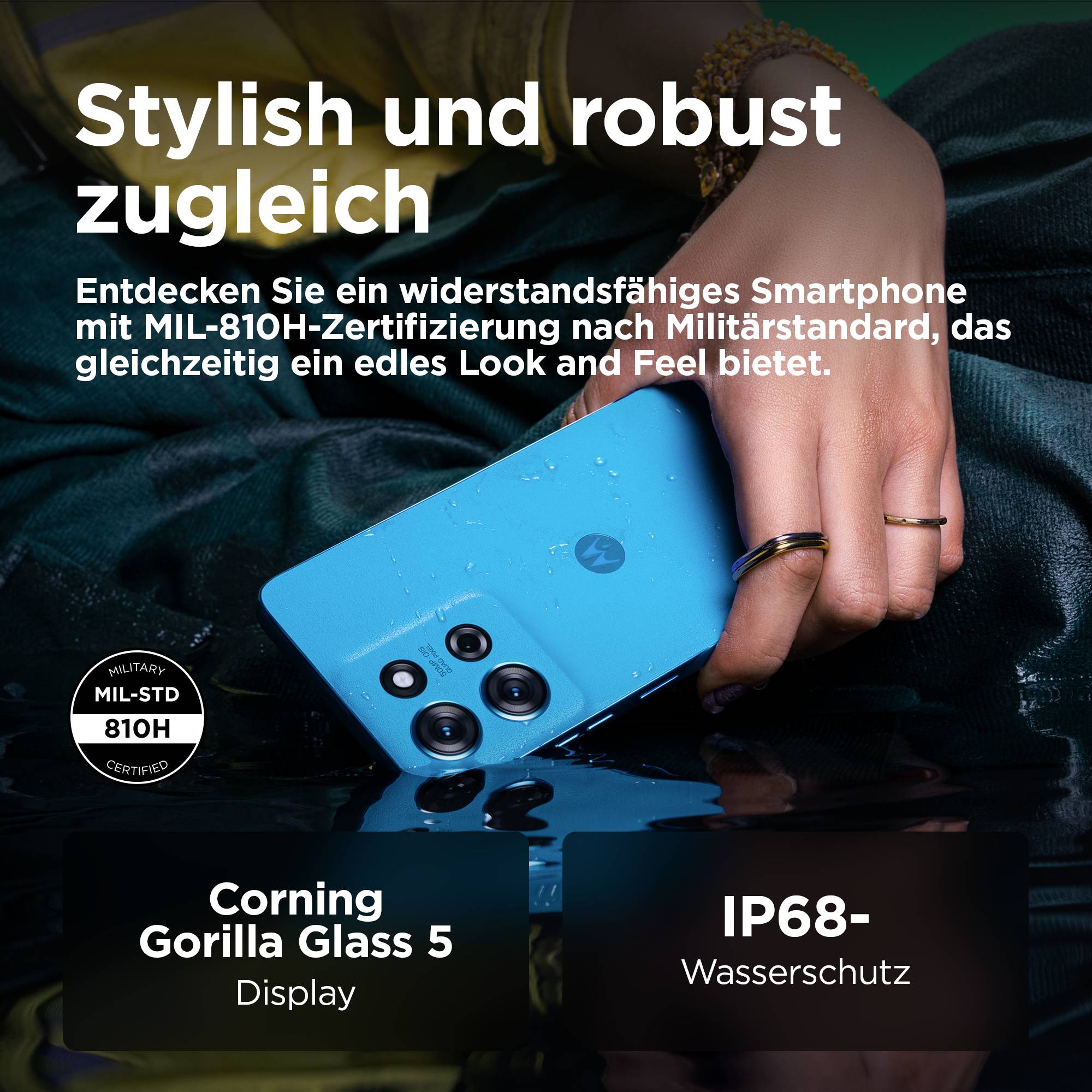Eine Hand hält ein robustes Smartphone. Text betont das stilvolle Design, Gorilla Glass 5 Display, IP68 Wasserschutz, MIL-STD-810H.
