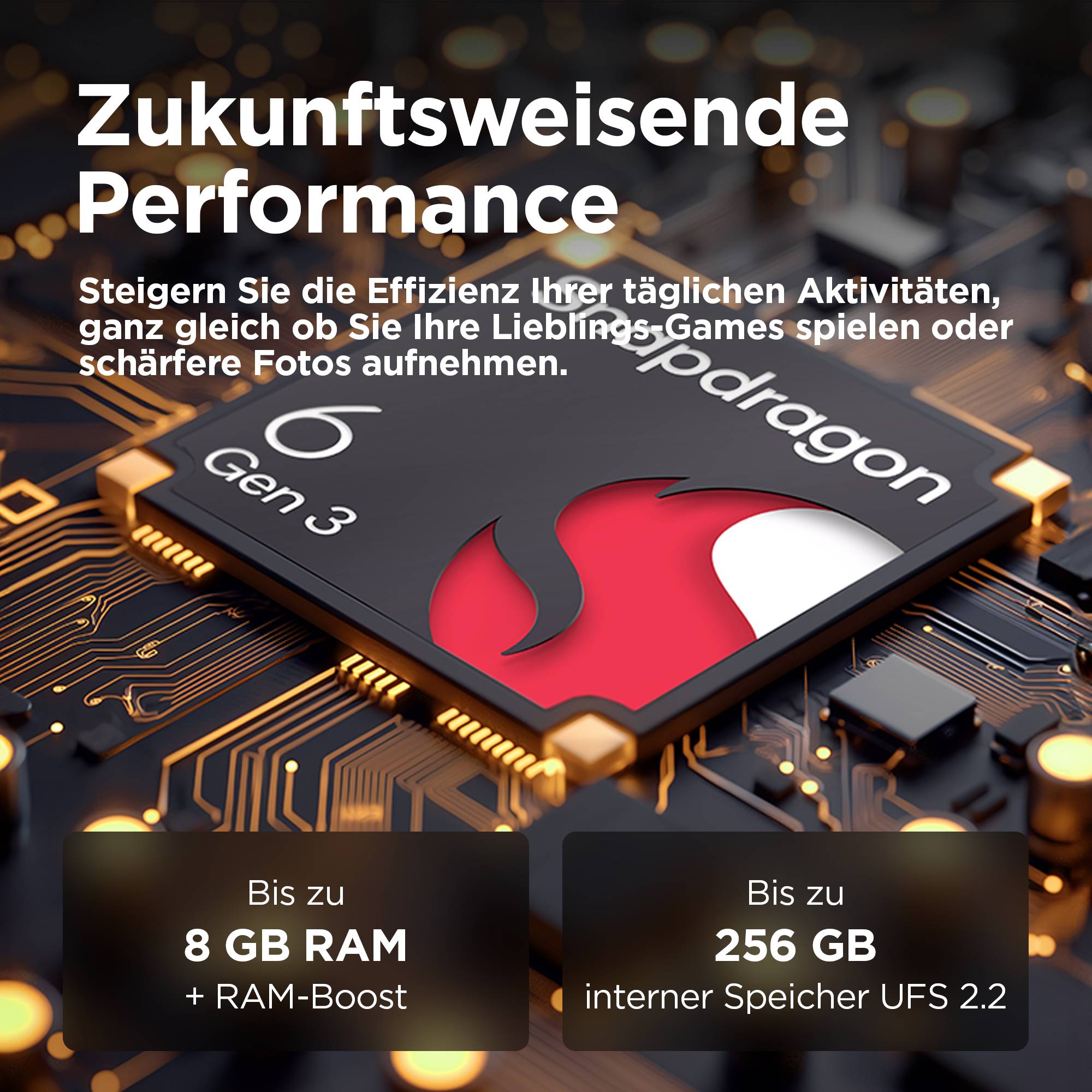 'Zukunftsweisende Performance' - Chip mit Snapdragon-Logo. Text: Bis zu 8 GB RAM + RAM-Boost, bis zu 256 GB interner Speicher UFS 2.2.
