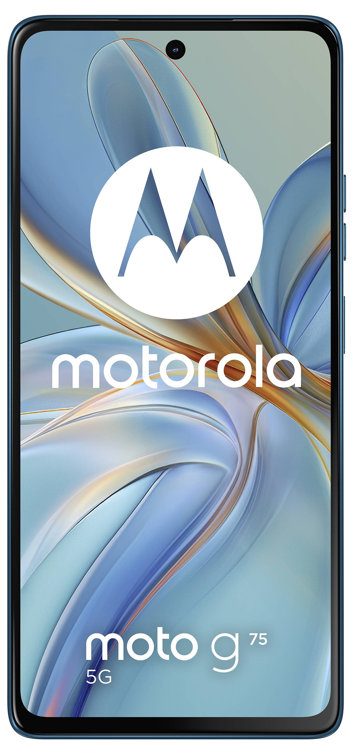 Smartphone mit blauem Hintergrund und „motorola" Logo auf dem Bildschirm, Modellname „moto g 5G".