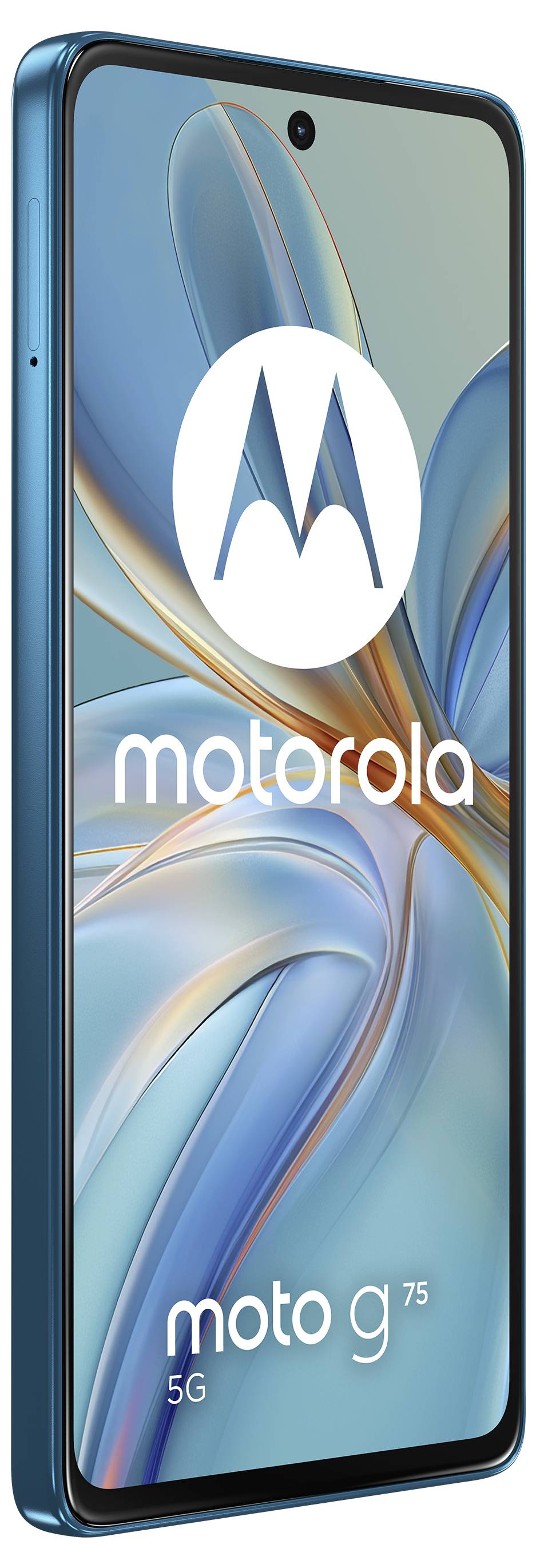 Smartphone 'moto g 75 5G' von Motorola, seitlich dargestellt, mit blauem Rahmen und abgerundetem Display, zeigt Markenlogo.