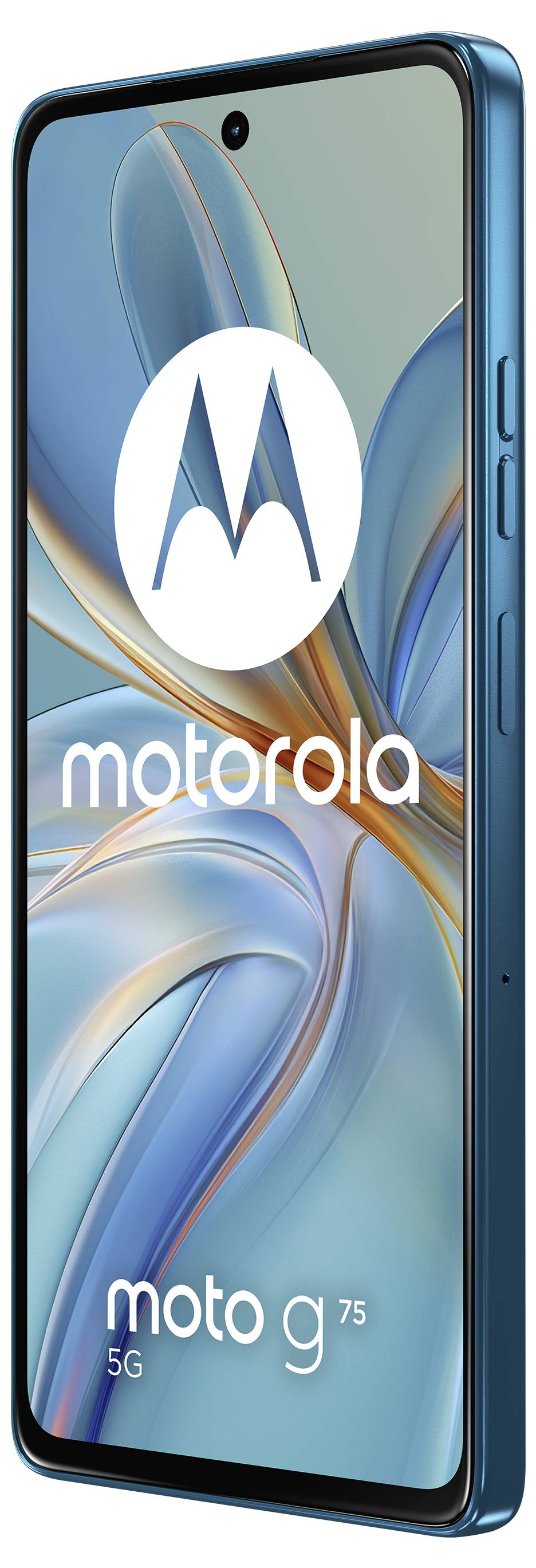 Ein Smartphone der Marke Motorola, Modell 'moto g 5G', in blau. Der Bildschirm zeigt das Motorola-Logo.