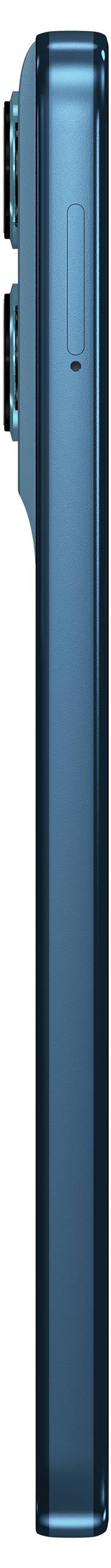 Smartphone in seitlicher Ansicht. Die Farbe ist metallisch blau, mit zwei herausragenden Kameraobjektiven und einem Knopf an der Seite.