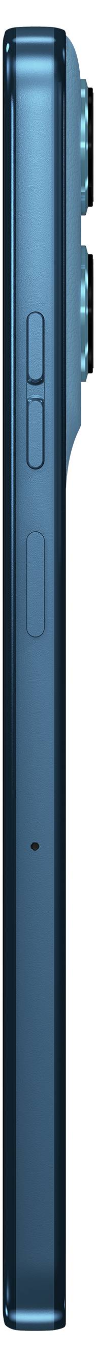 Ein seitliches Bild eines blauen Smartphones, das die Lautstärketasten und das flache, kompakte Design des Geräts zeigt.