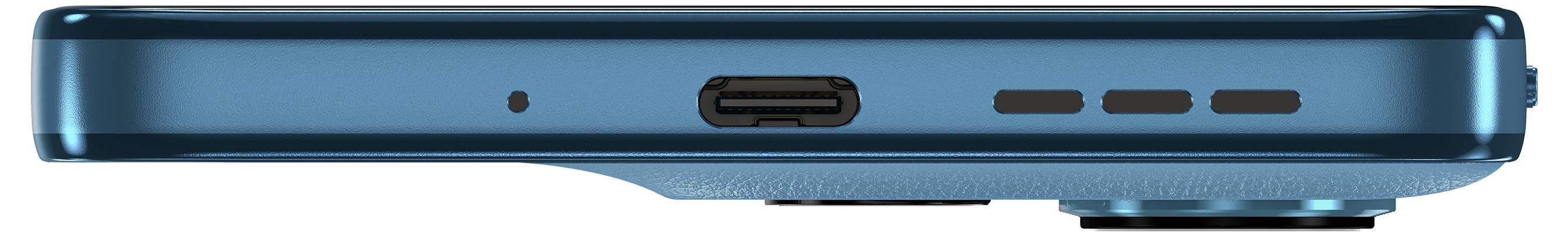 Blaues Smartphone von unten mit USB-C-Anschluss und drei Lautsprecheröffnungen, zeigt den schmalen Rahmen und Kameraausbuchtung.
