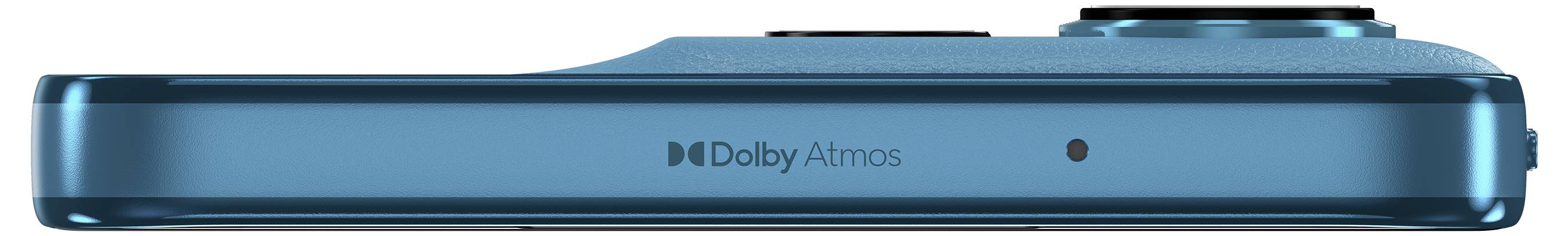 Ein smartphoneähnliches Gerät in blau, von der Seite betrachtet, mit dem Schriftzug 'Dolby Atmos'.