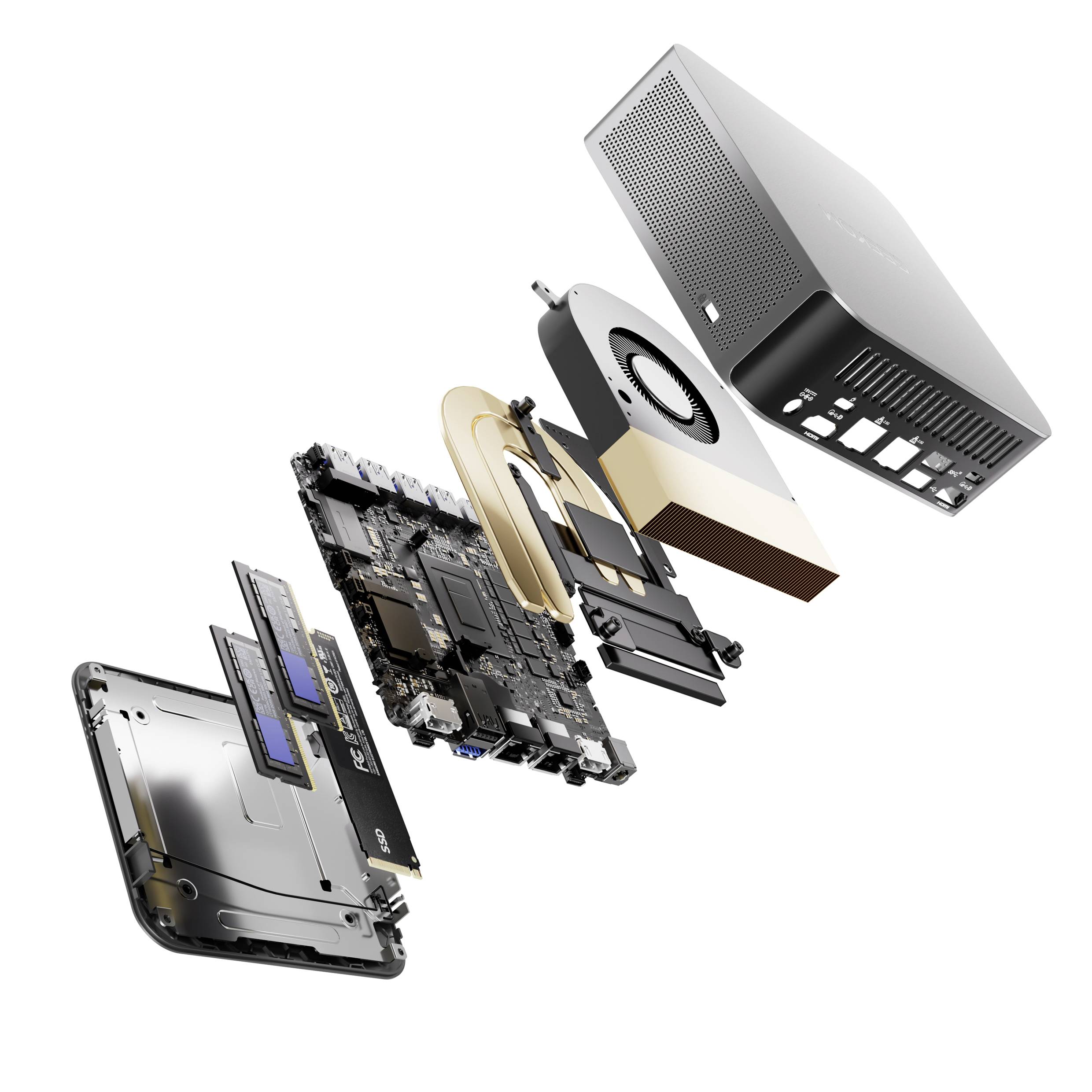 Explodierte Darstellung eines Computermodells mit sichtbarem Gehäuse, Lüfter, Prozessor, Speicher und Komponenten, die die interne Struktur zeigen.