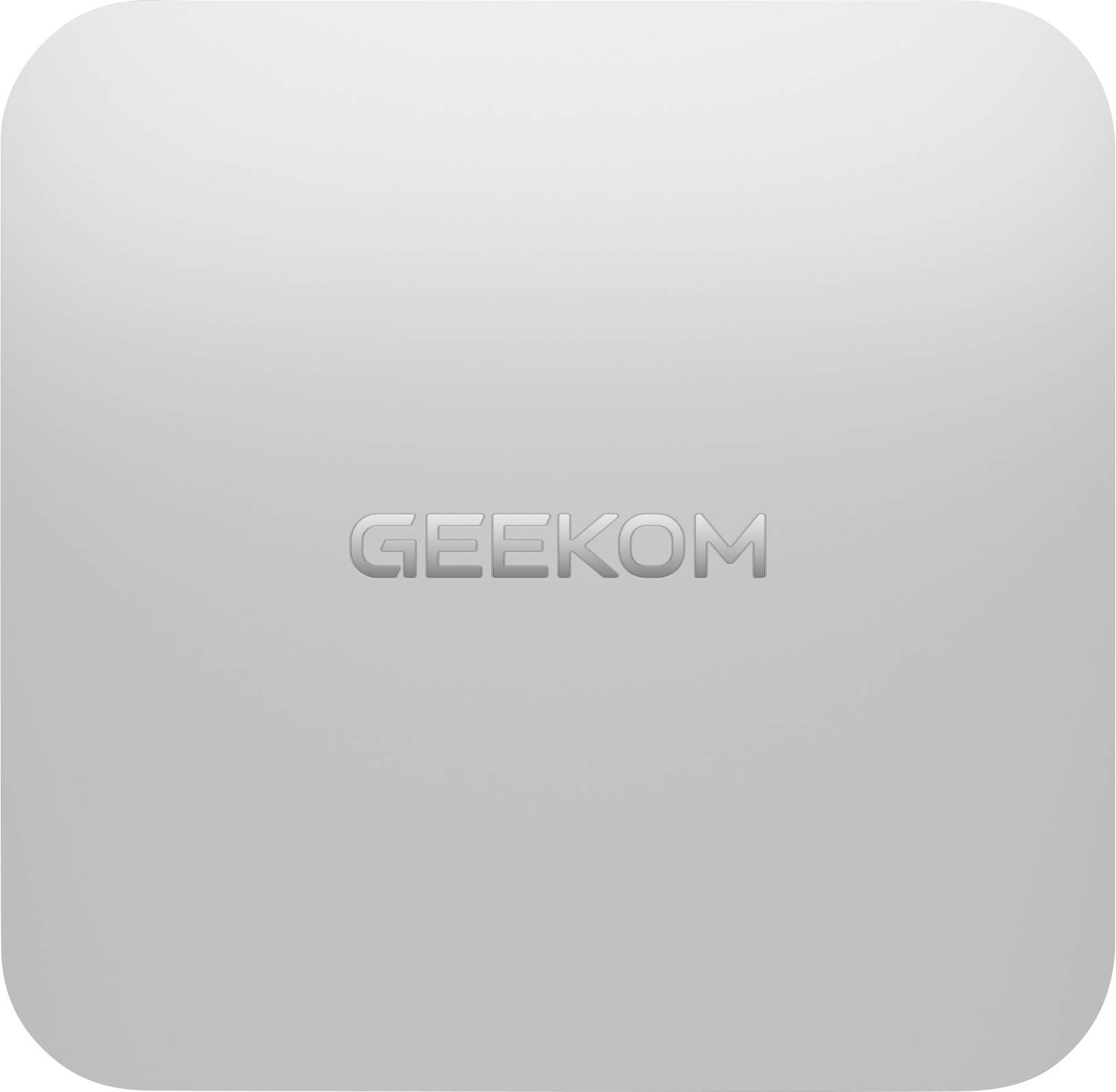 Silbernes, quadratisches Gerät mit abgerundeten Ecken und dem Logo 'GEEKOM' in der Mitte.