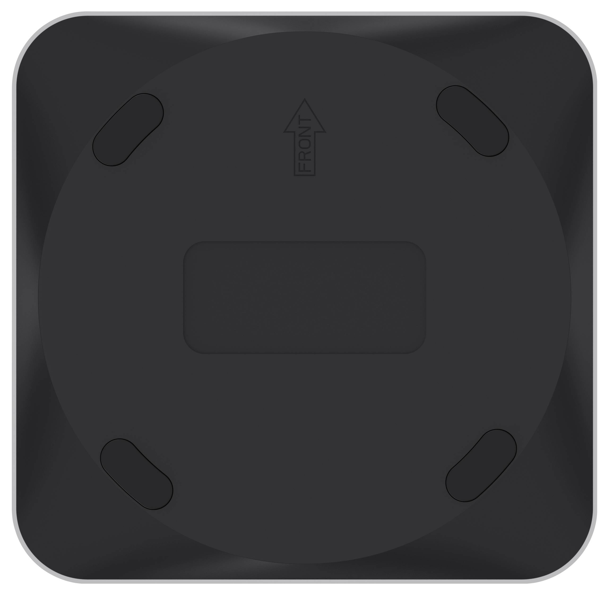 Quadratische schwarze Oberfläche mit runden Ecken und zentralem Pfeil, der nach oben zeigt.