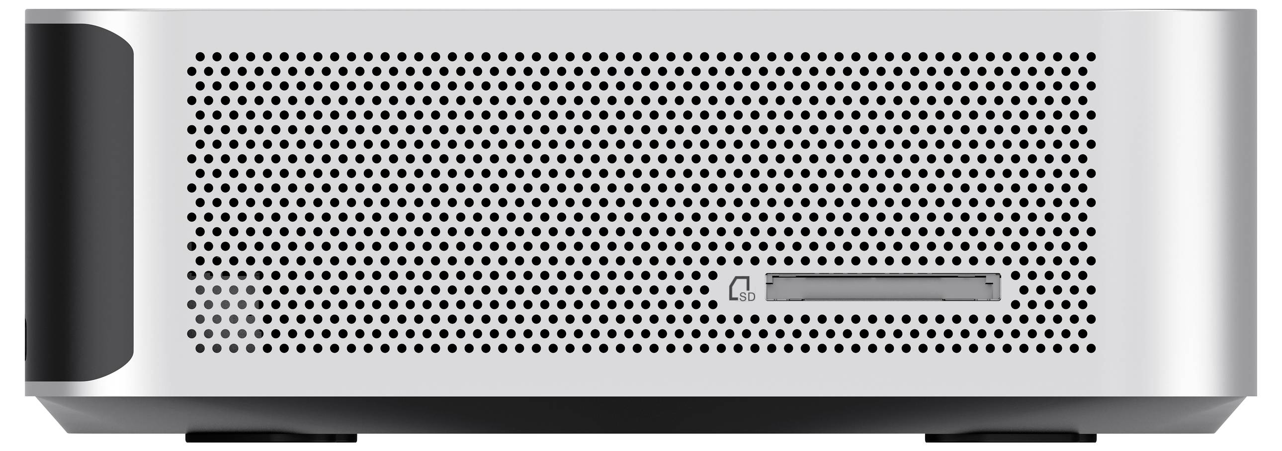 Ein silberner Computer mit perforierter Vorderseite. Ein horizontaler Schlitz an der Vorderseite, wahrscheinlich für Speichermedien.