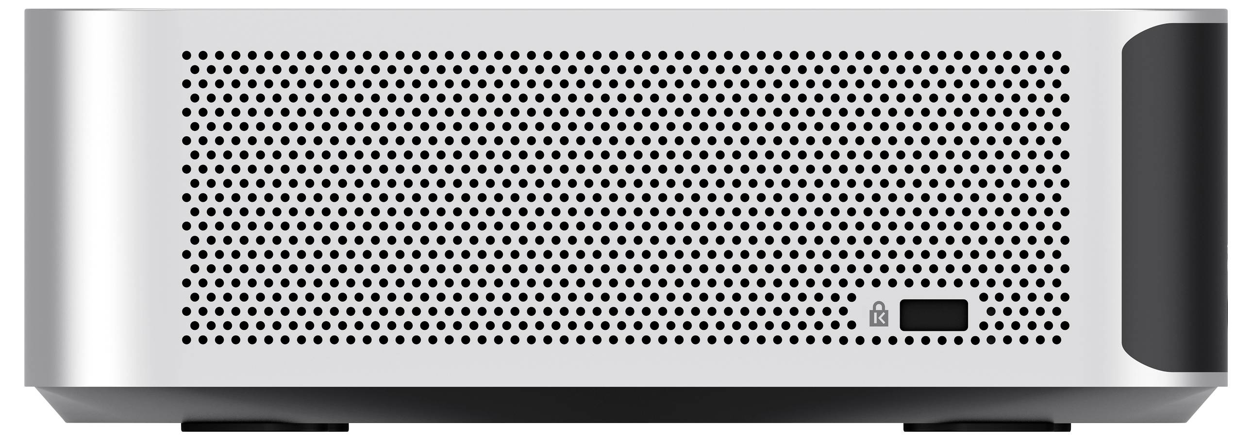 Silberfarbener Computer-Minitower mit Lüftungsgitter auf der linken Seite und einem Schaltknopf an der Vorderseite.