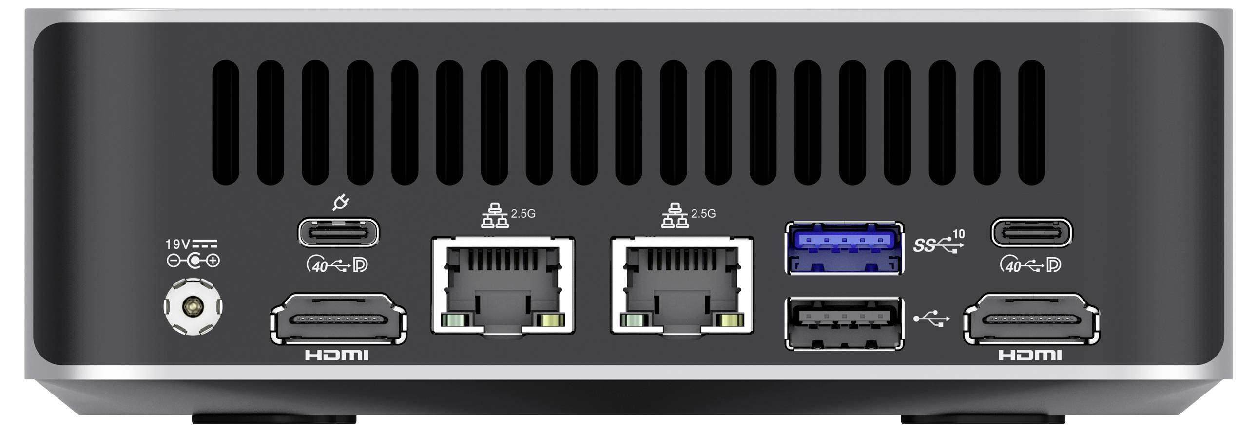 Rückseite eines Mini-PCs mit Anschlüssen: zwei HDMI, zwei Ethernet-Ports, zwei USB-C, ein USB 3.0 und Netzeingang.